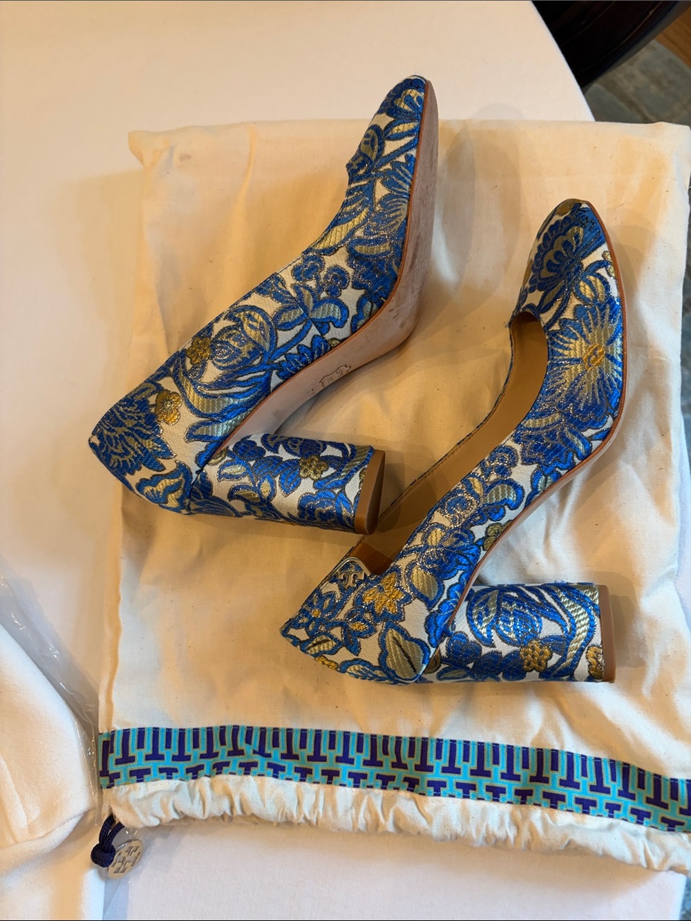 Tory Burch Blue and Gold Floral Embroidered Block Heels
